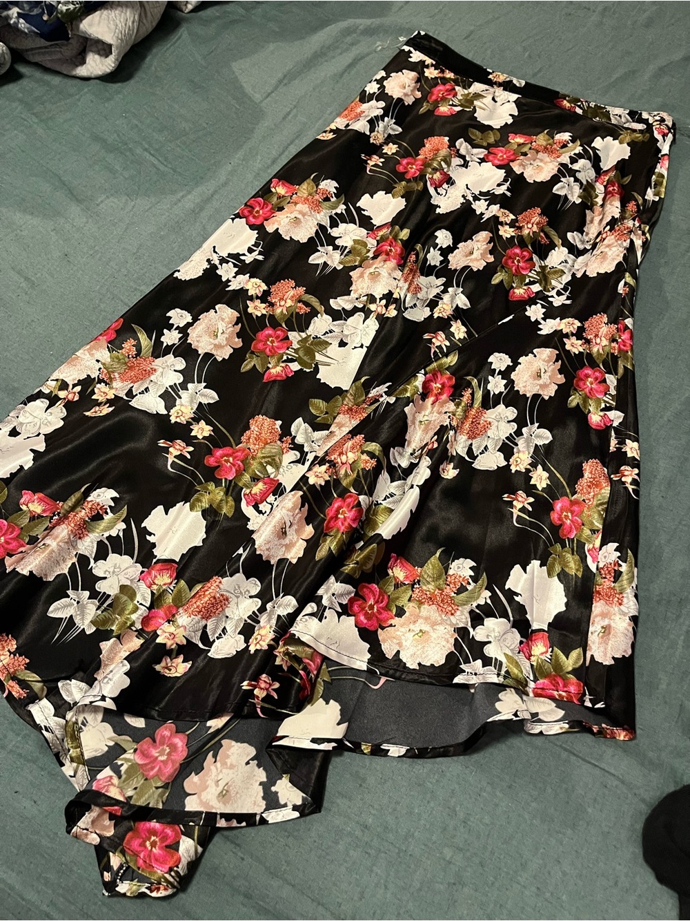 Listicle Black Asymmetrical Floral Satin Skirt with Pink & Cream Blooms